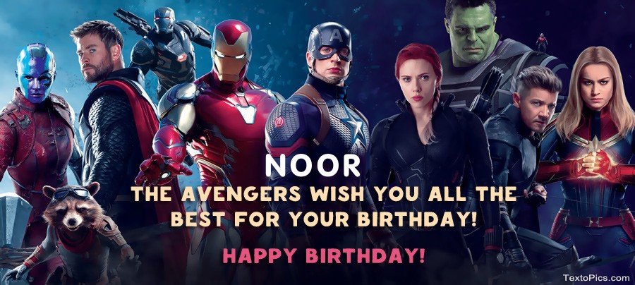 images with names Marvel style Happy Birthday cards Noor